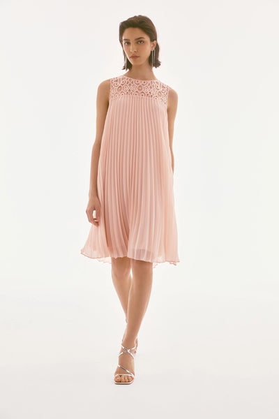 Joseph Ribkoff Signature Chiffon Lace Sleeveless Pleated Dress