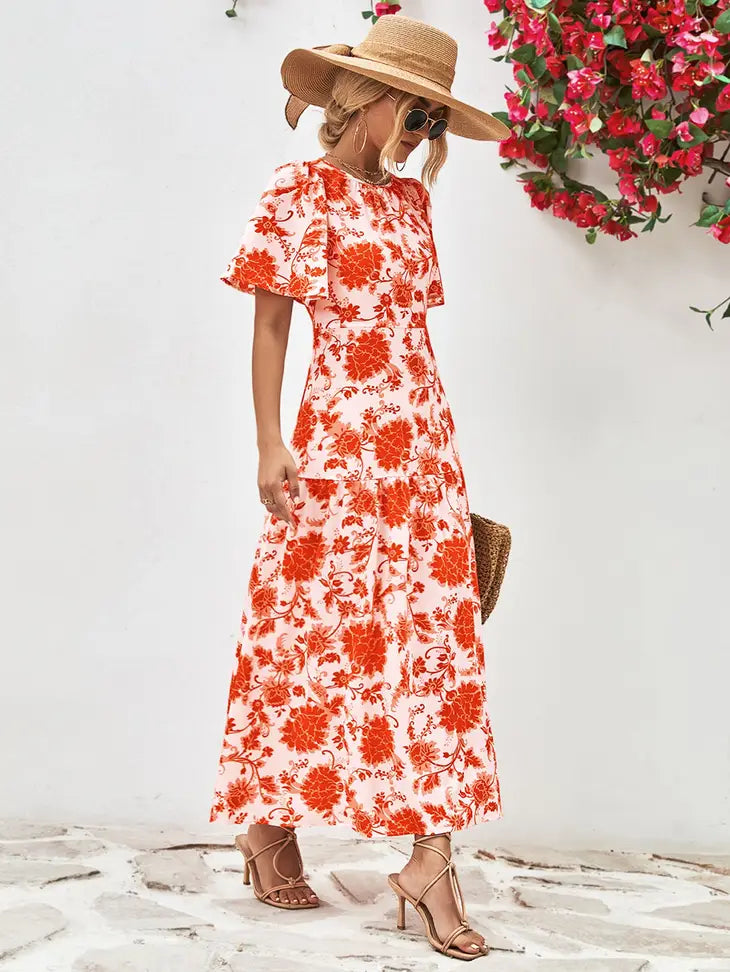 Treschic Floral Round Neck Tied Open Back Dress Style T8374S