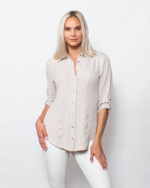 Snoskins Seersucker Collection V-Neck, body skimming with Button Detail at hip, ¾ Slvs, Matching Thread 77585-26