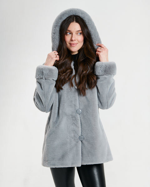 Nikki Jones Reversible hooded faux fur coat with horizontal