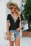 Treschic Contrast V-Neck Puff Sleeve Top Style T0793S