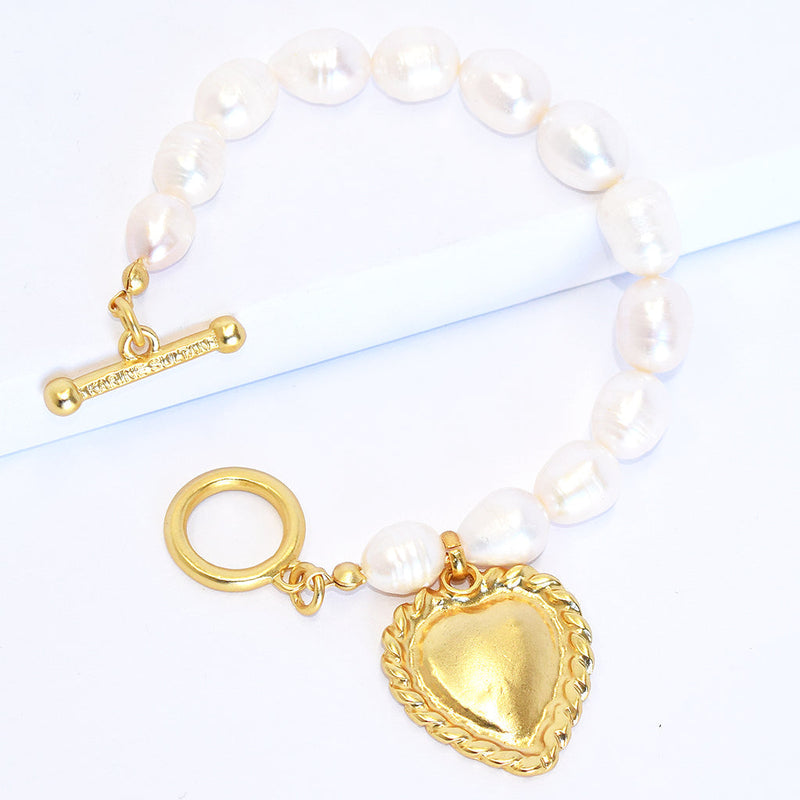 Karine Sultan Water Pearl Strand Bracelet With Heart Charm B72703