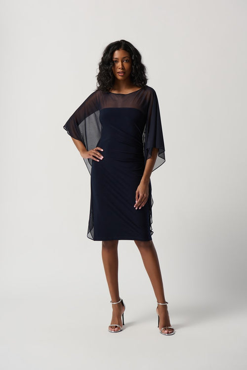 Joseph Ribkoff Silky Knit Sheath Dress With Cascading Mesh Sleeves Style 234037