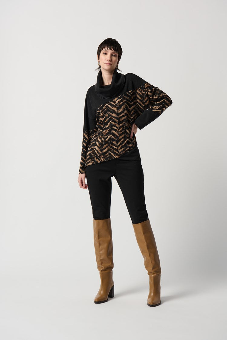 Joseph Ribkoff Printed Jacquard Knit Top With Faux Leather Trim Style 234209
