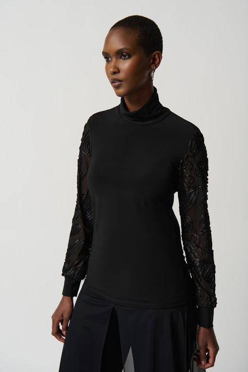 Joseph Ribkoff Silky Knit Turtleneck Top With Mesh Soutache Sleeves Style 234255