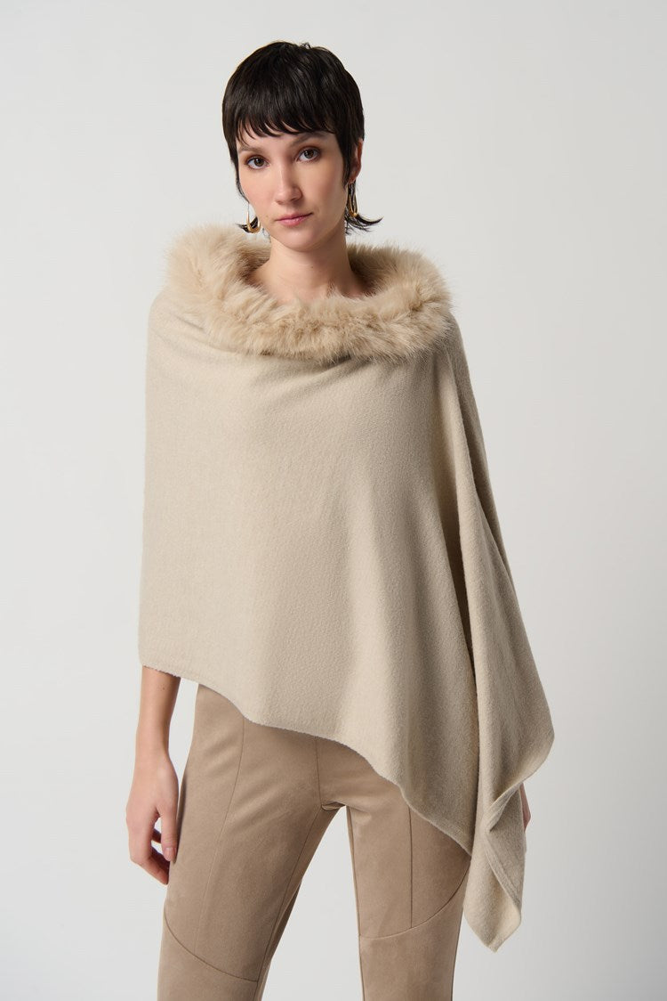 Joseph Ribkoff Sweater Knit Poncho With Faux Fur Crewneck Style 234907