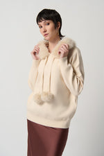 Joseph Ribkoff Sweater With Faux Fur Hood And Pompoms Style 234921