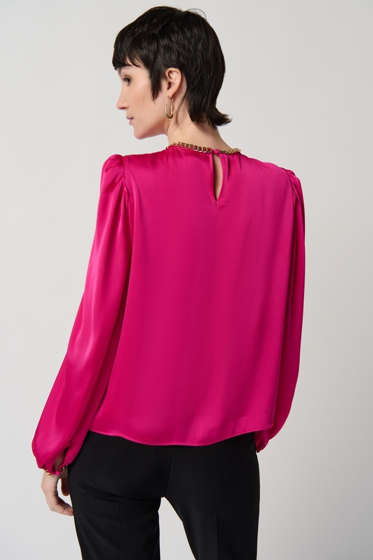 Joseph Ribkoff Satin Puff Sleeve Top With Gold Chain Style 234934