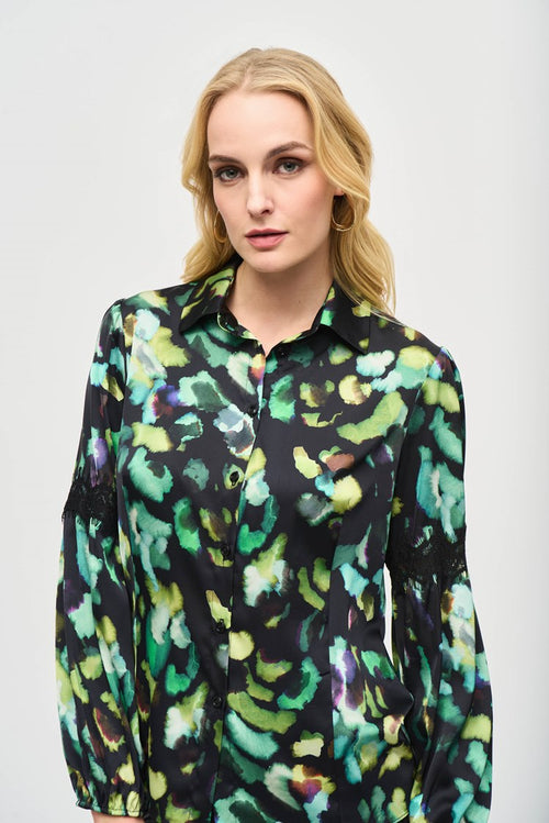 New arrival - Joseph Ribkoff Satin Abstract Print Button-Down Blouse # 243205