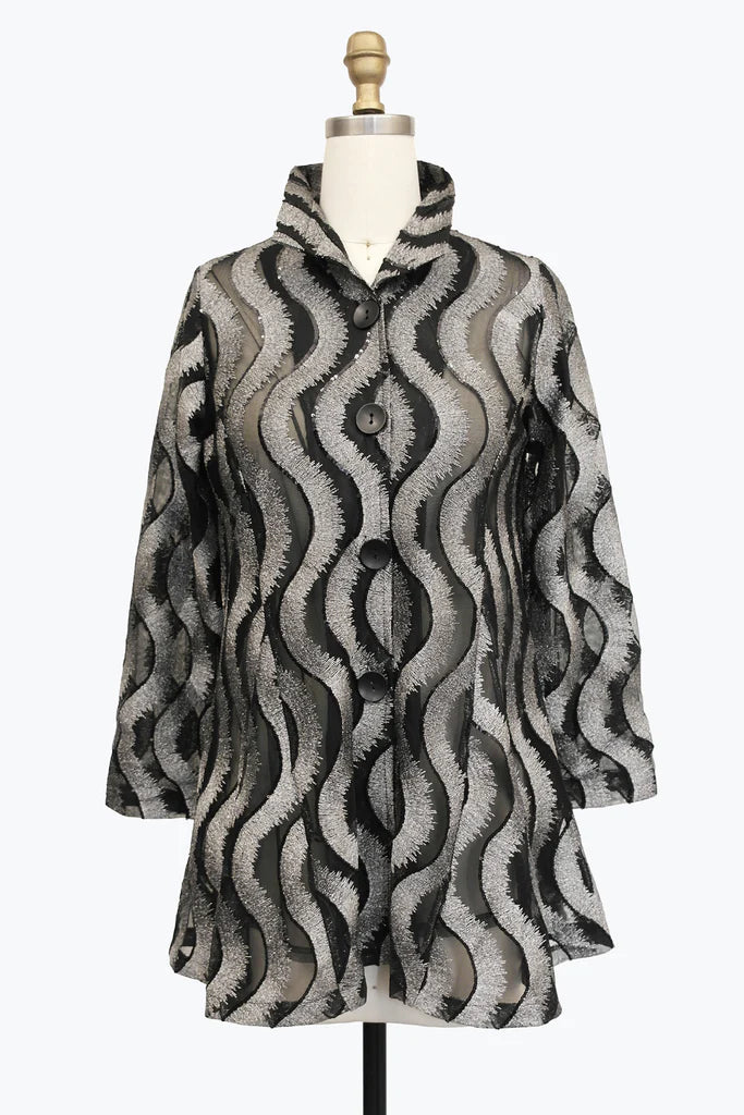 Damee Sequin Wavy Metallic Embroidery Flare Jacket 2461-Slv