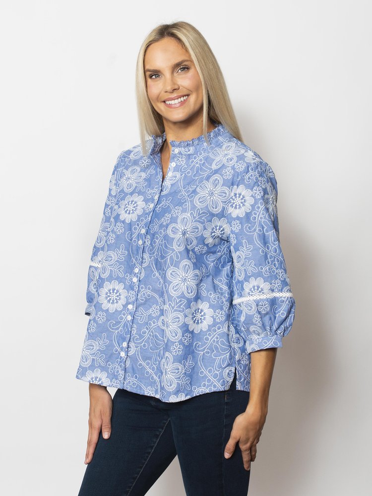 Snoskins Textured Embroidered Woven Collarless Button Top 24654-25S