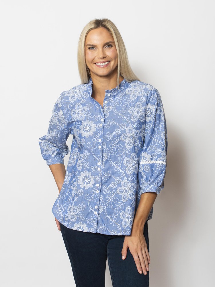 Snoskins Textured Embroidered Woven Collarless Button Top 24654-25S