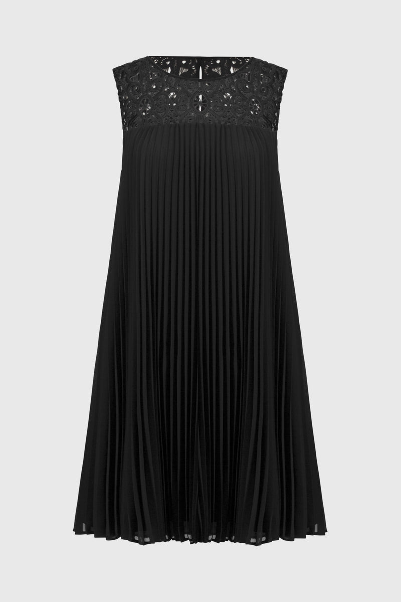 Joseph Ribkoff Signature Chiffon Lace Sleeveless Pleated Dress 251767S IBHANA Joseph Ribkoff Signature Chiffon Lace Sleeveless Pleated Dress 251767S IBHANA