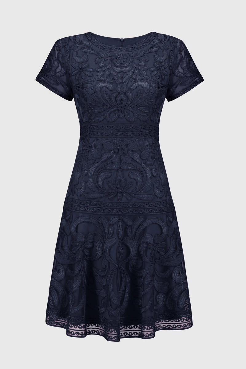 Joseph Ribkoff Signature Embroidered Mesh Fit and Flare Dress 251768X IBHANA Joseph Ribkoff Signature Embroidered Mesh Fit and Flare Dress 251768X IBHANA