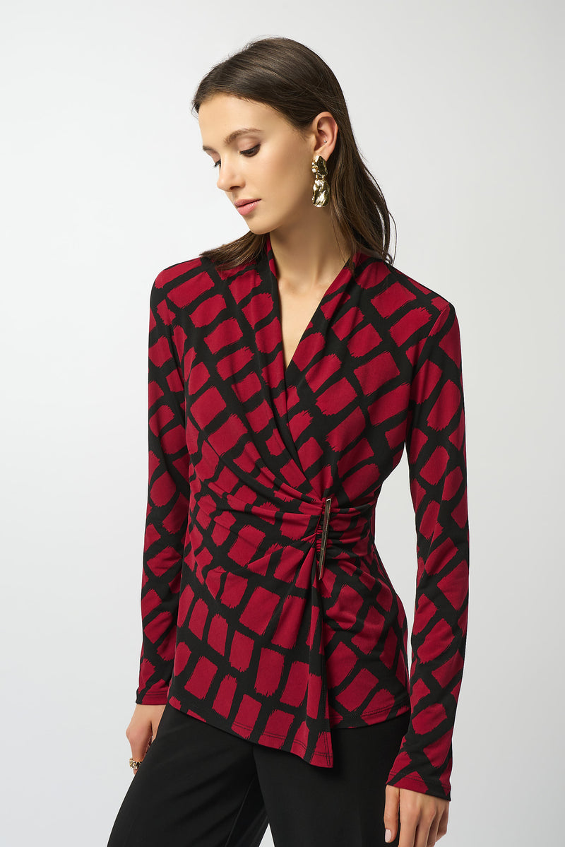 Joseph Ribkoff Silky Knit Geometric Print Fitted Wrap Top 253139F25