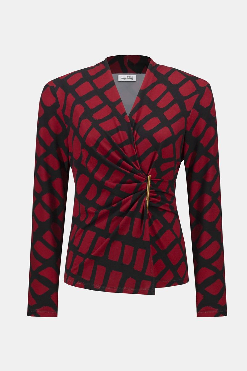 Joseph Ribkoff Silky Knit Geometric Print Fitted Wrap Top 253139F25