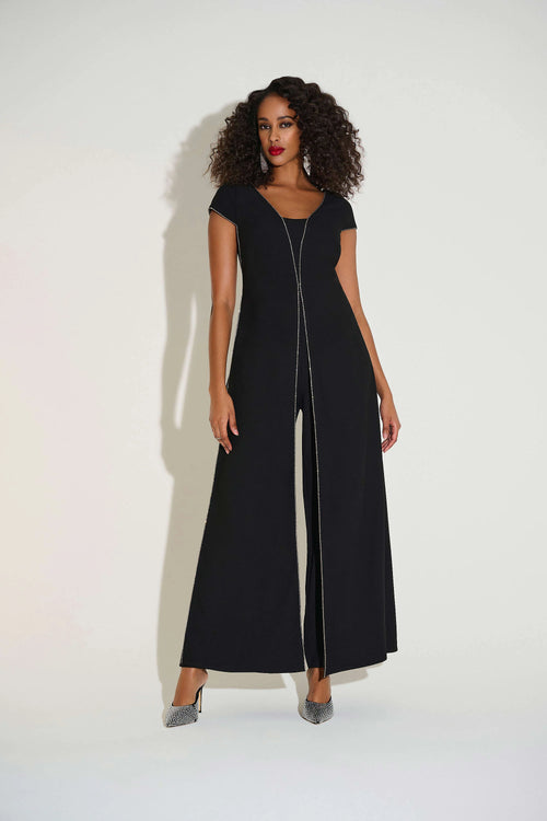 Joseph Ribkoff  Signature Woven Wide Leg Jumpsuit with Rhinestone Detail 253757