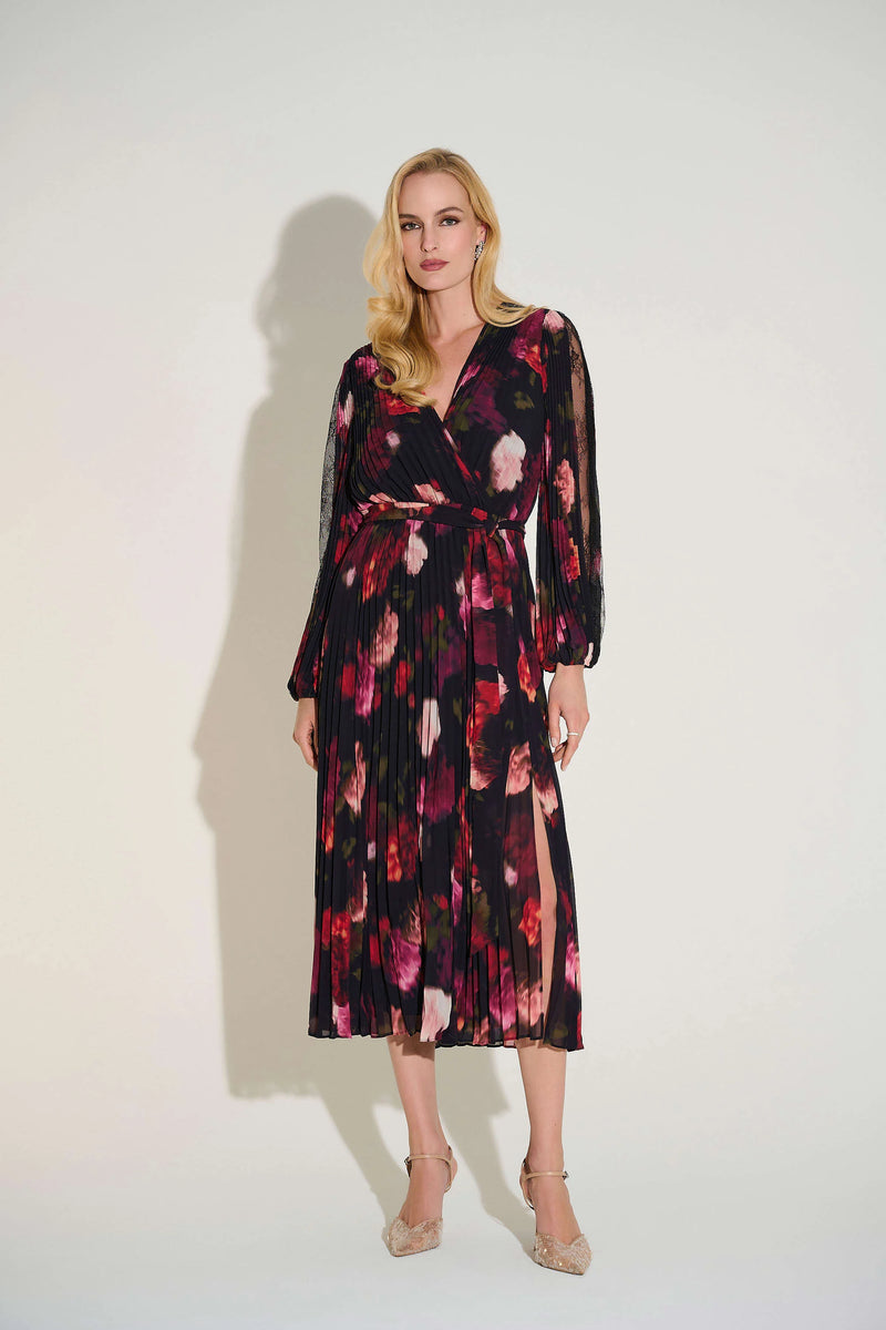Joseph Ribkoff Signature Pleated Chiffon Floral Fit & Flare Dress 2537 IBHANA Joseph Ribkoff Signature Pleated Chiffon Floral Fit & Flare Dress 2537 IBHANA