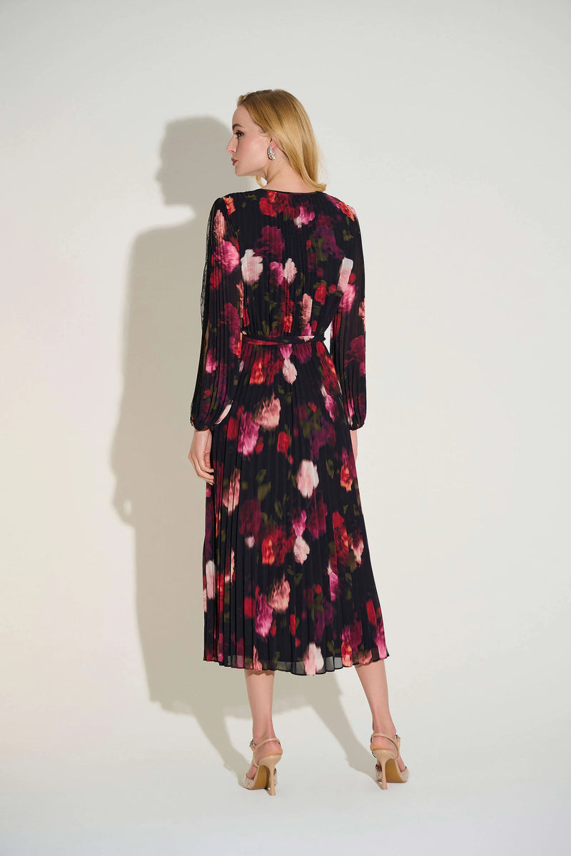 Joseph Ribkoff Signature Pleated Chiffon Floral Fit & Flare Dress 2537 IBHANA Joseph Ribkoff Signature Pleated Chiffon Floral Fit & Flare Dress 2537 IBHANA