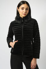 Joseph Ribkoff Stretch Velvet Puffer Jacket with Faux Fur Collar 253928 F25