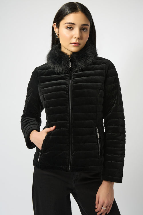 Joseph Ribkoff Stretch Velvet Puffer Jacket with Faux Fur Collar 253928 F25