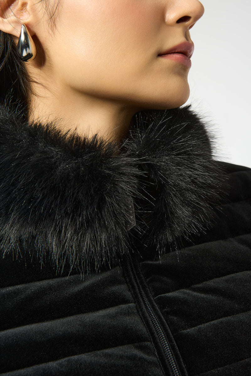 Joseph Ribkoff Stretch Velvet Puffer Jacket with Faux Fur Collar 253928 F25