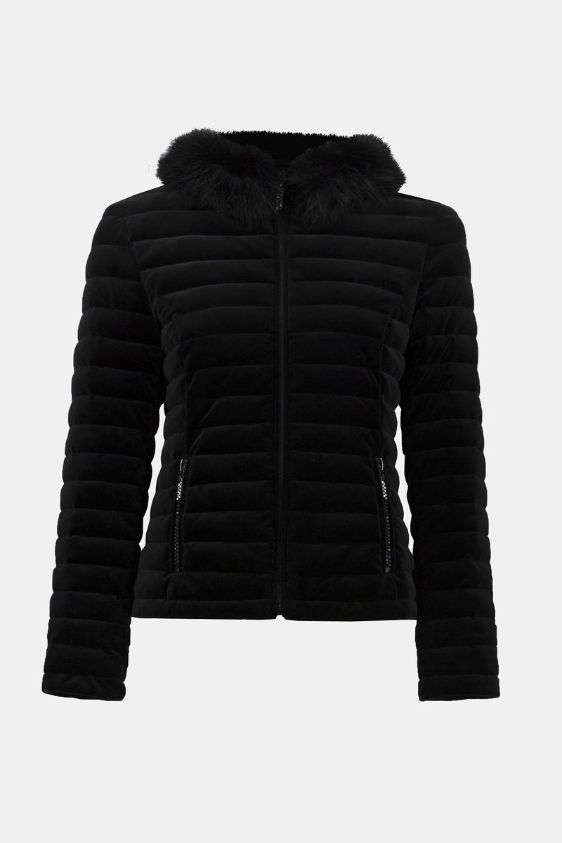 Joseph Ribkoff Stretch Velvet Puffer Jacket with Faux Fur Collar 253928 F25