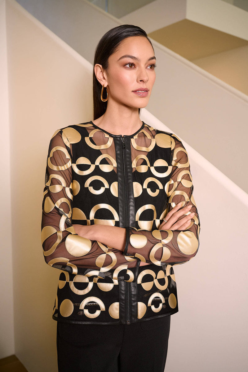 Joseph Ribkoff Mesh and Leatherette Collarless Jacket 254923 F25