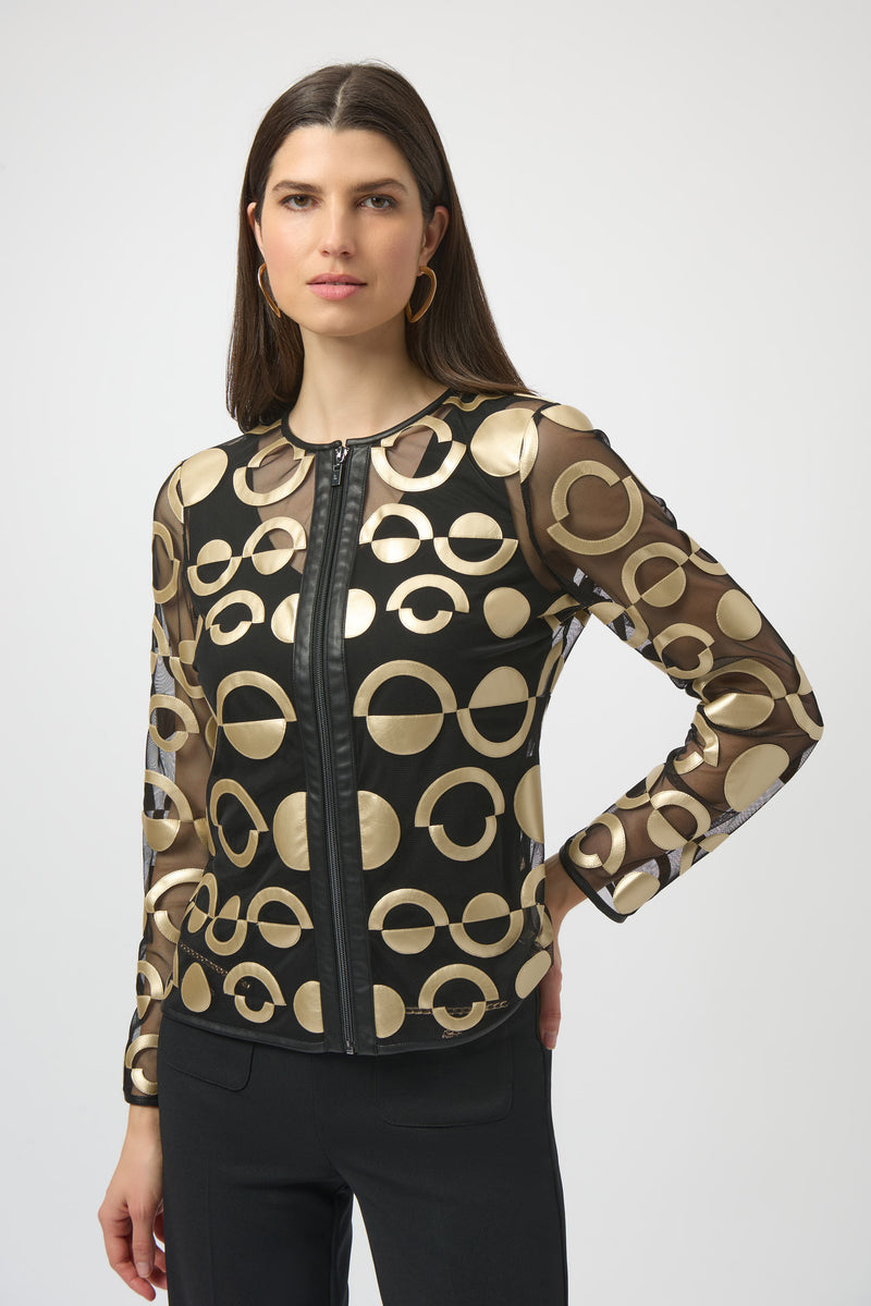 Joseph Ribkoff Mesh and Leatherette Collarless Jacket 254923 F25