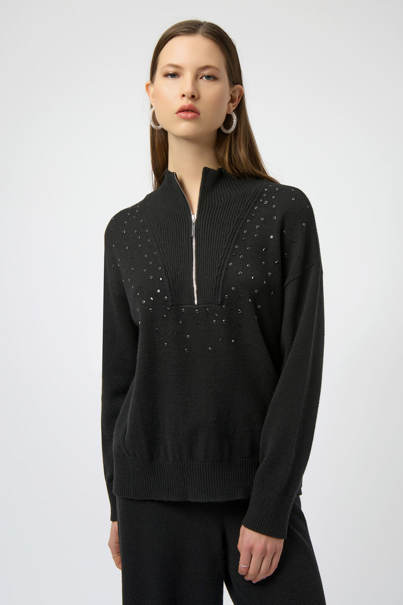Joseph Ribkoff Sweater Knit Mock Neck Pullover with Rhinestones 254933 F25