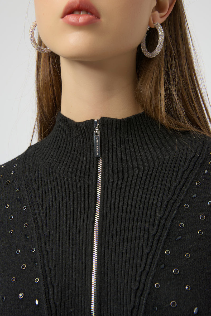Joseph Ribkoff Sweater Knit Mock Neck Pullover with Rhinestones 254933 F25