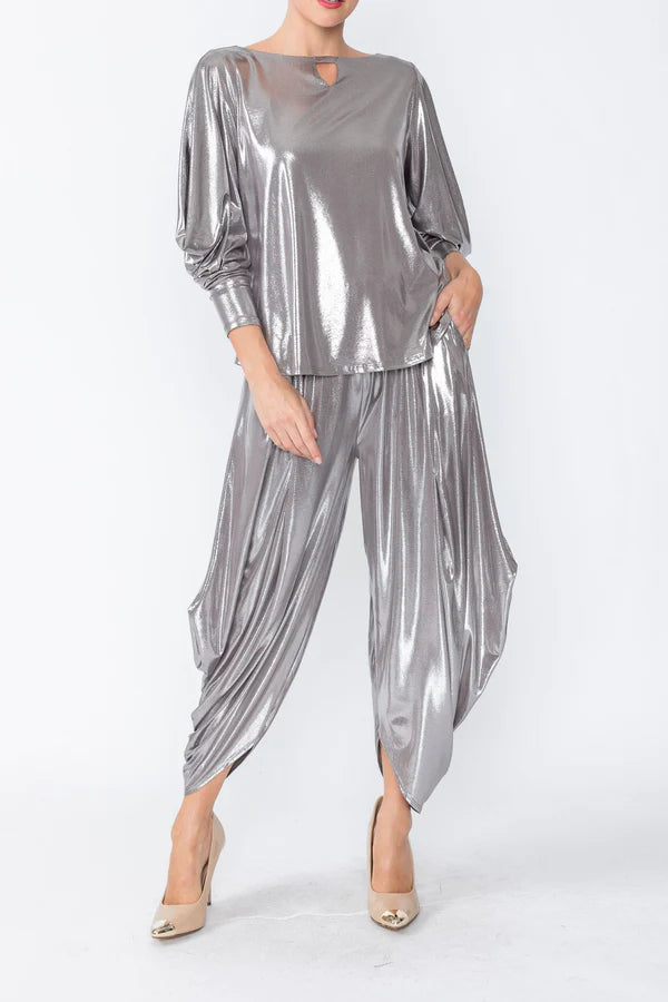 IC Collection SHINY ASYMMETRICAL DRAPED SLEEVE TOP Style 4631T