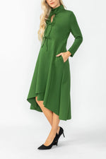 IC Collection Hunter Green Stand Collar Front Ribbon Detail Asymmetrical Dress 4746D