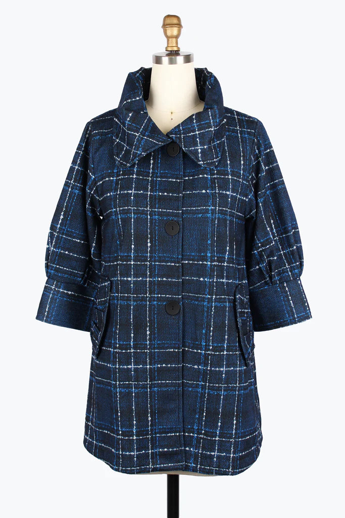 Damee Plaid Long Swing Jacket 5009-Blu F25