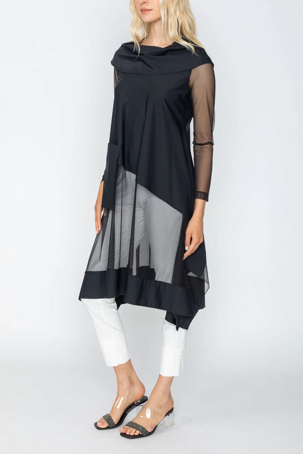 IC Collection COWL NECK MESH-SLEEVE ASYMMETRICAL TOP Style 5638T IBHANA IC Collection COWL NECK MESH-SLEEVE ASYMMETRICAL TOP Style 5638T IBHANA