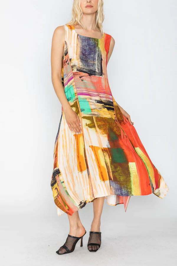 IC Collection SQAURE NECK DRESS W/ ABSTRACT PRINT Style 5783D