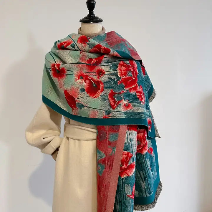 Winding River Shawl Shawl Turq / Red Poppy Field Reversible Wrap – Artisan Shawl S25