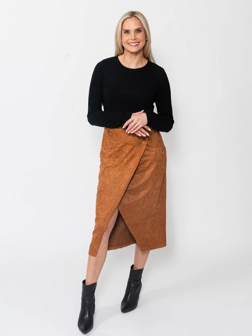Snoskins Embroidered Suede Faux Wrap Midi skirt 64689-F25