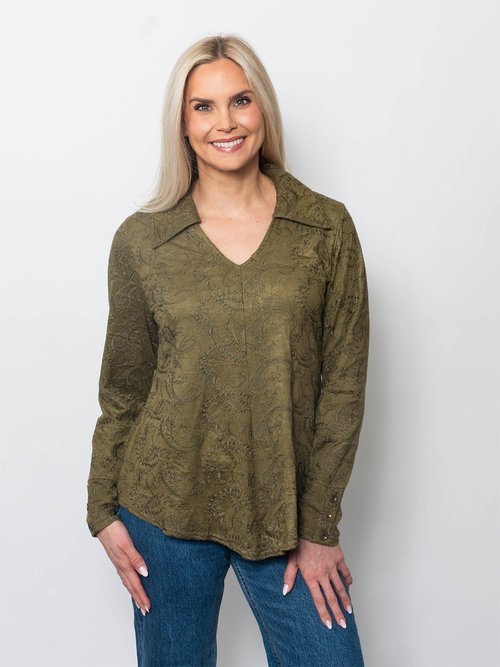Snoskins Embroidered Suede Johnny Collar Top 64688-F25