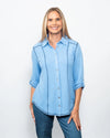 Snoskins Seersucker Collection V-Neck, body skimming with Button Detail at hip, ¾ Slvs, Matching Thread 77585-26