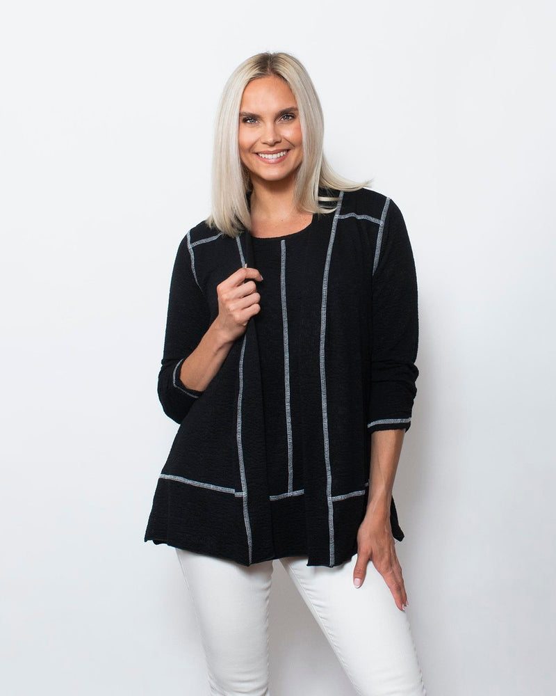 Snoskins Seersucker Knit Cardigan with 3/4 Rouched sleeves Matching thread 77587-24S