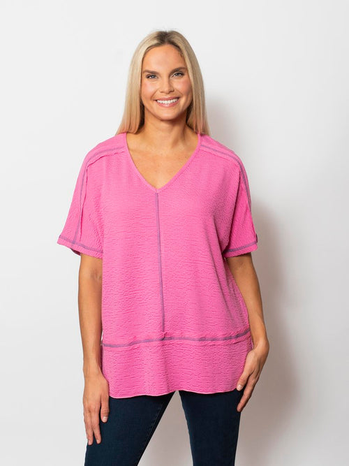 Snoskins Seersucker V-Neck Body Skimming with button Detail Top 77585-25S Matching Thread