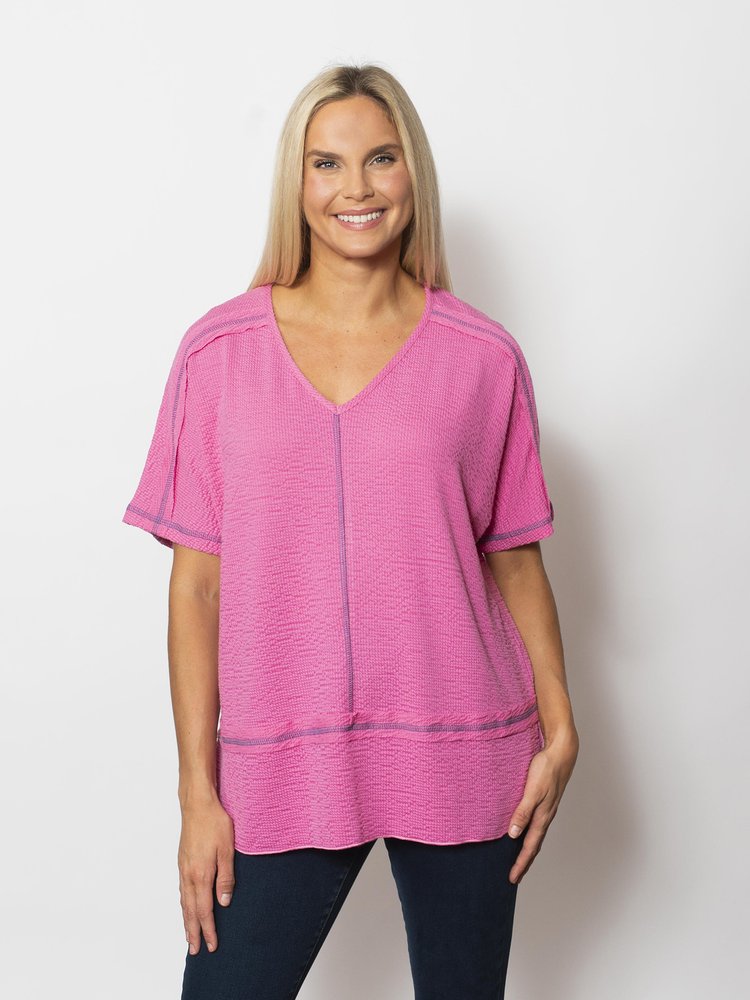 Snoskins Seersucker V-Neck Body Skimming with button Detail Top 77585-25S Matching Thread