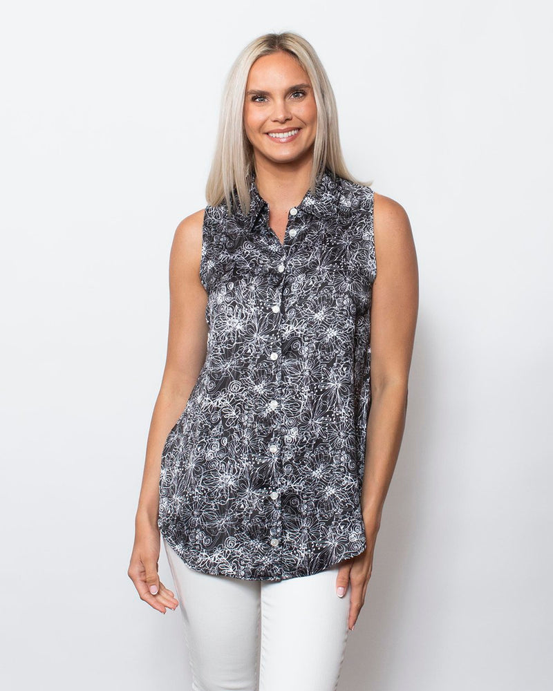 Snoskins Printed Charmeuse Sleeveless Button Front Top 68604-24S