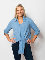 Snoskins Seersucker V-Neck Body Skimming with button Detail Top 77585-25S Matching Thread