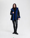 Nikki Jones Reversible hooded faux fur coat with horizontal jacquard stitch 8130-376 F25, Cranberry, Sapphire/Black, Storm Grey