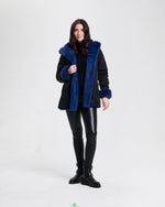 Nikki Jones Reversible hooded faux fur coat with horizontal jacquard stitch 8130-376 F25, Cranberry, Sapphire/Black, Storm Grey