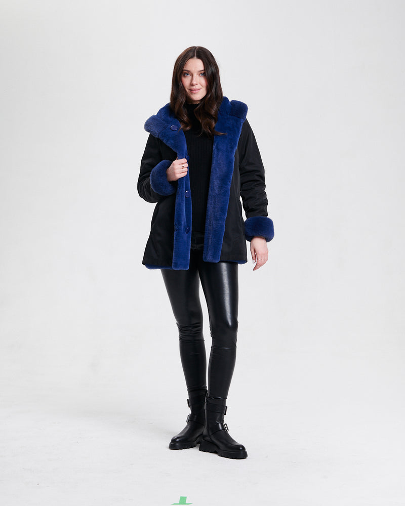 Nikki Jones Reversible hooded faux fur coat with horizontal jacquard stitch 8130-376 F25, Cranberry, Sapphire/Black, Storm Grey