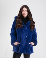Nikki Jones Reversible hooded faux fur coat with horizontal jacquard stitch 8130-376 F25, Cranberry, Sapphire/Black, Storm Grey