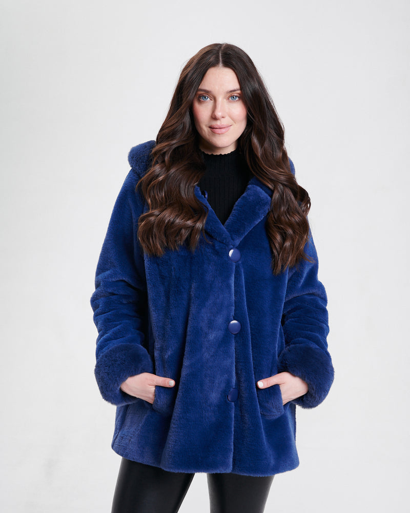 Nikki Jones Reversible hooded faux fur coat with horizontal jacquard stitch 8130-376 F25, Cranberry, Sapphire/Black, Storm Grey